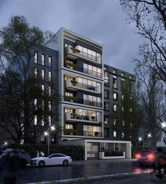Modern konut projesi 3D gece cephe görseli